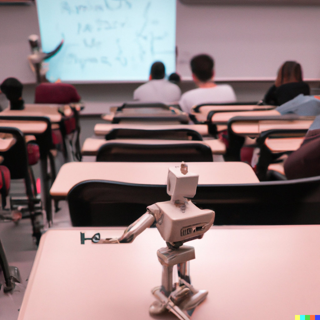 Photorealistic picture of a male robot sitting in the back of a college classroom together with many human students. They are instructed by a female robot, who is standing up front and explaining special relativity on the blackboard.