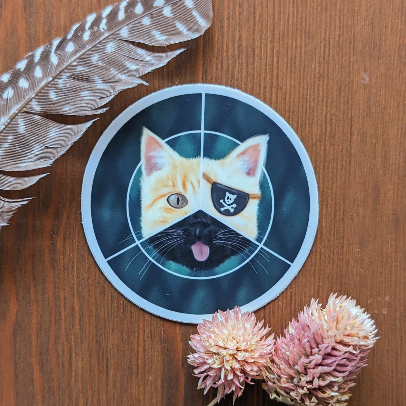 a round sticker with a logo of a cats face composed of three thirds of cat faces including a blind ginger cat with a pirate eye cover, a black blind cat, and a one-eyed ginger cat