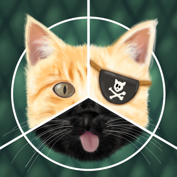 a cat head with a pirate eye patch, and a pink tongue out. The head is drawn in a semi-realistic style and combines the three cats of the account