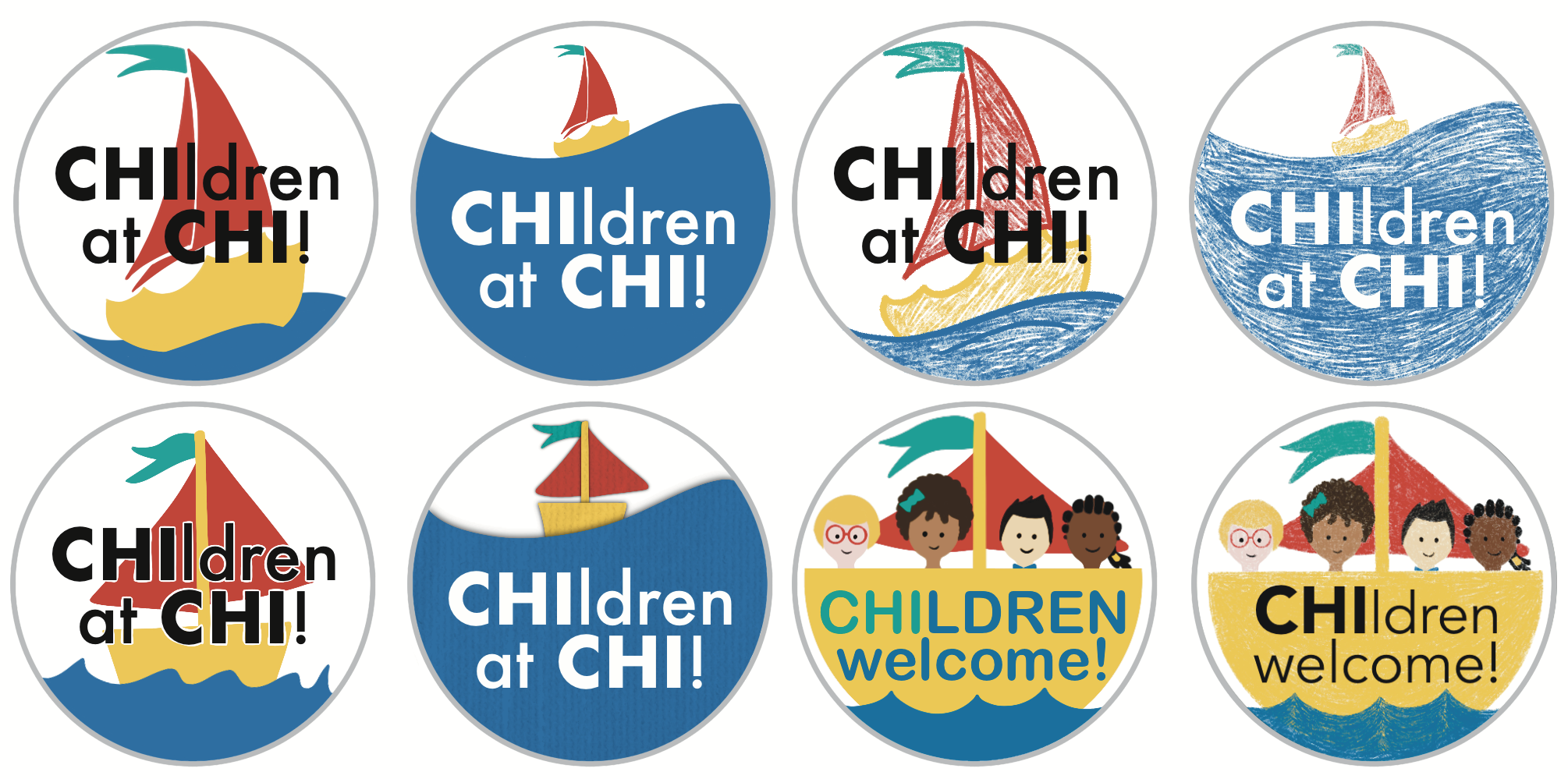 a series of 8 stickers, with paper cutouts of boat in primary colors, or crayon-drawn boats including 4 children of diverse genders and skin colors