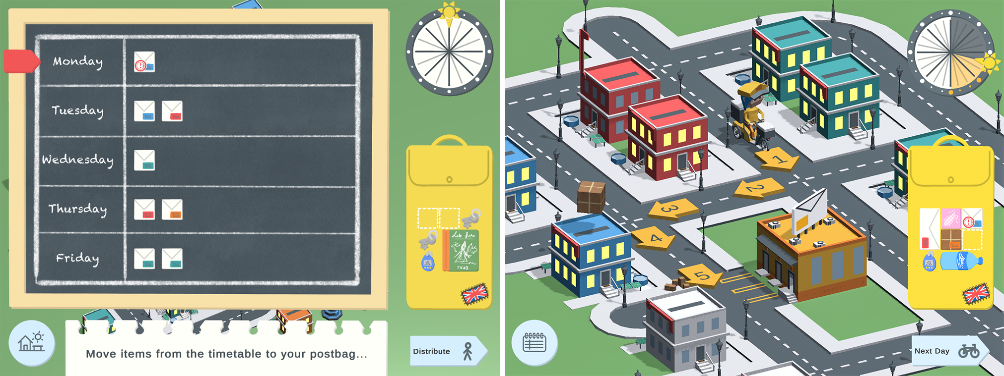 2 UIs, one shows a blackboard with a list of letters and packages to deliver, as well as a clock and a backpack, the other shows a 3D map with a post-person delivering the mail. All the UI is drawn in cartoon style and bright colors. Besides the mail, the backpack includes a water bottle, a tamagochi, and a bag a tampons.