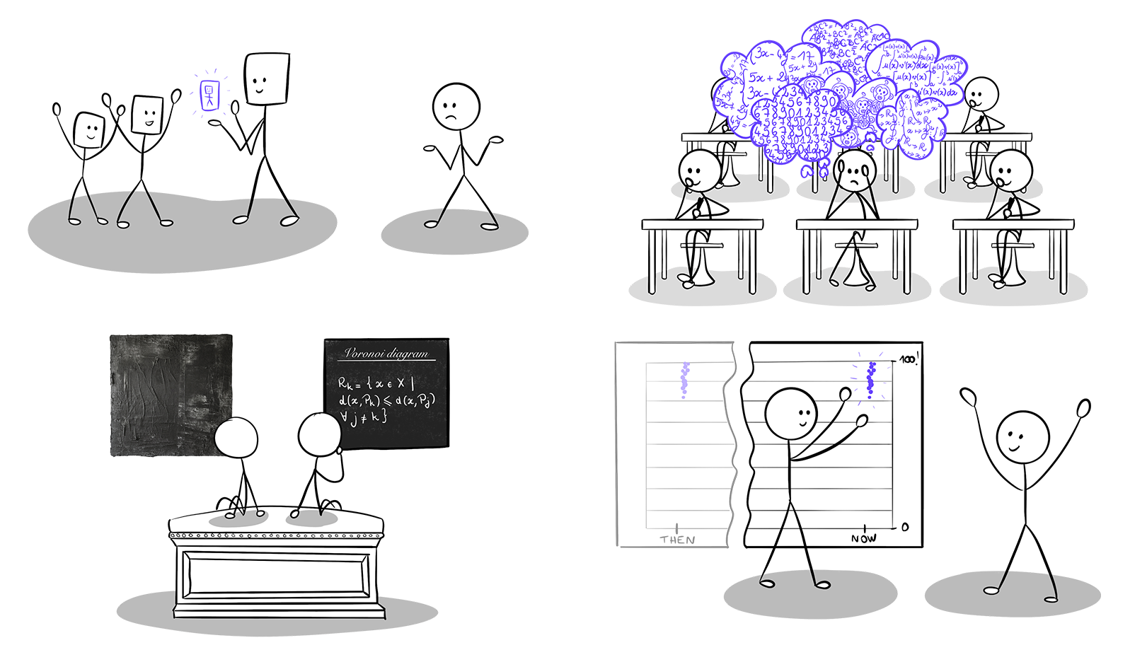 a series of stick figures in black, grey, and purple