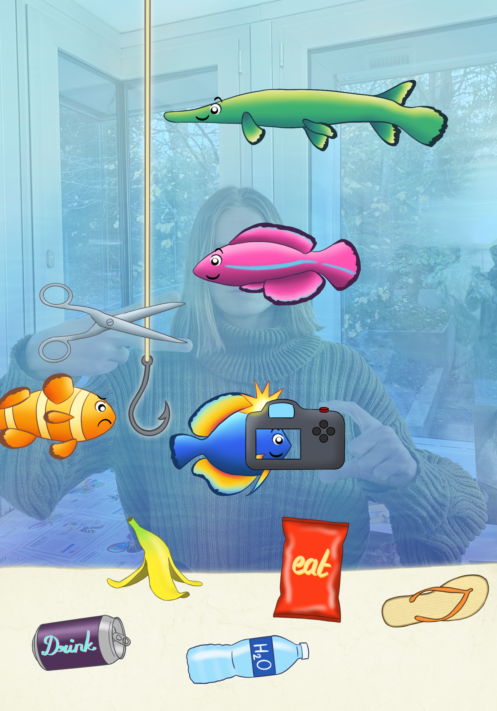 An underwater scene with different fish swimming around and a lot of trash on the sea floor. A hook is trying to catch a clown fish. The player is mimicking scissors to cut the hook, and, with the other hand, mimicking a camera to grab a picture of a beautiful neon fish.