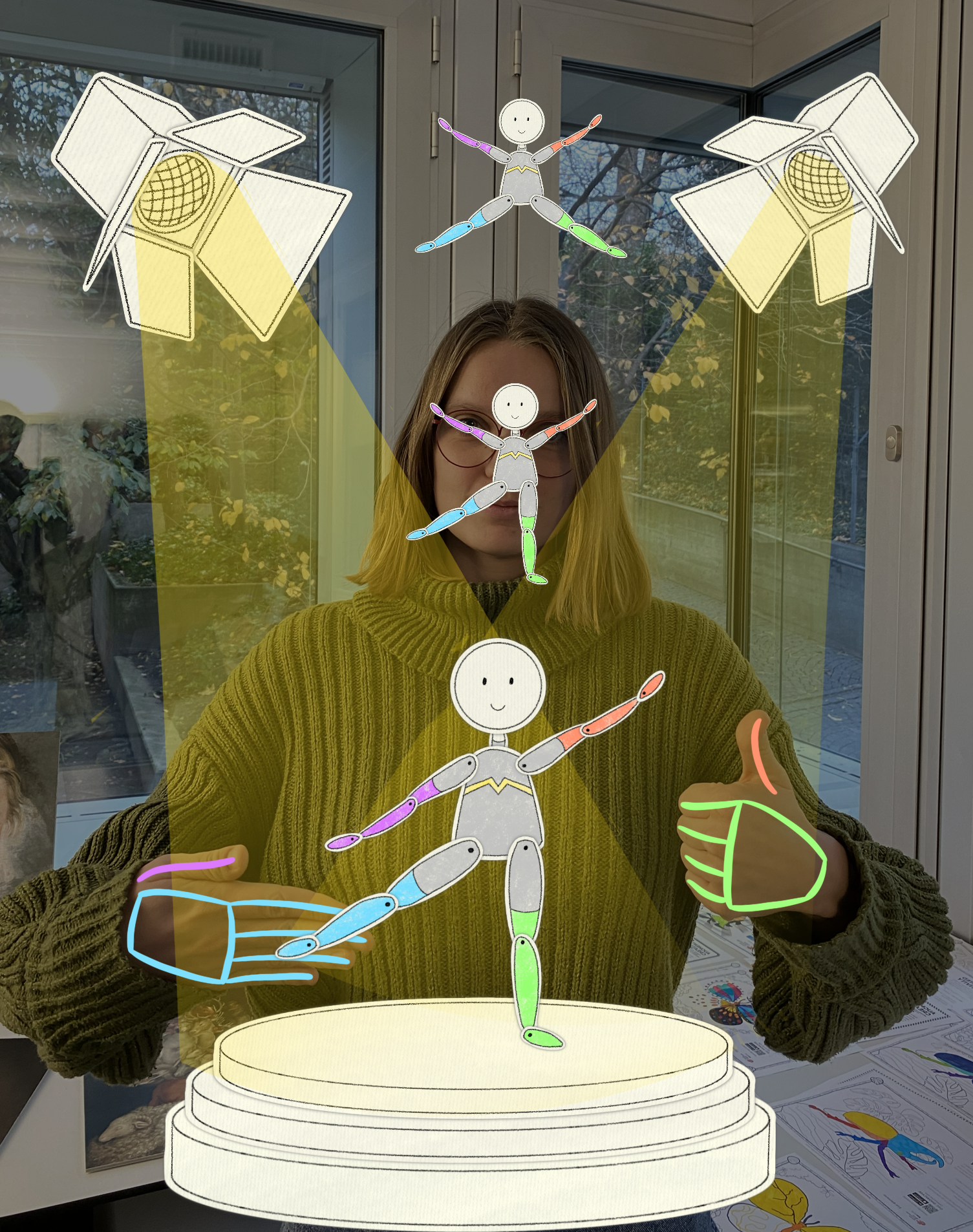 A puppet in paper, with colored limbs, is on a stage, in the bottom of the screen. Other puppets with different poses are falling from the ceiling. The player is manipulating the puppet with hand gestures. The fingers of the player's hands are colored according to the limb of the puppet they control.