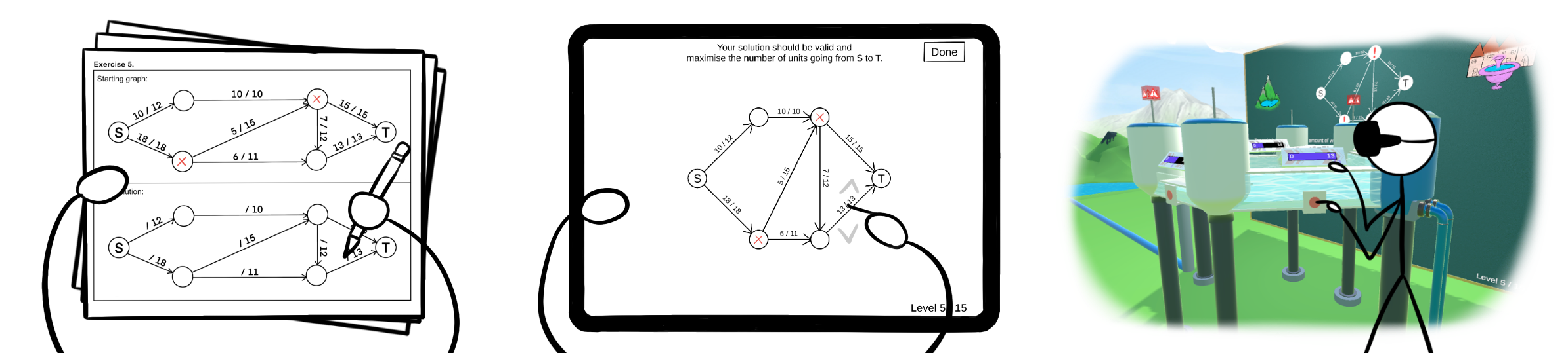 The figure contains three pictures, in doodle style. On the first figure, a character solves a graph theory problem on paper with an abstract representation. On the second figure, on tablet with an abstract representation. On the third figure, in Virtual Reality with a relatable and embodied representation. The graph is always the same and the character always interacts with the same edge.