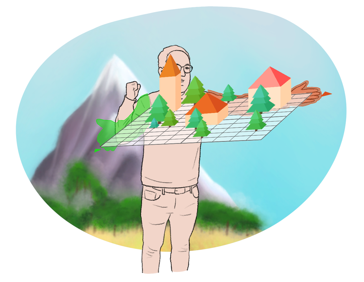 A person has an arm folded and an arm extended. These two arms represent the x and y axis in a horizontal plane. The plane is distorted, as one arm is longer than the other. On the plane are 3D houses and trees to show the distortion.