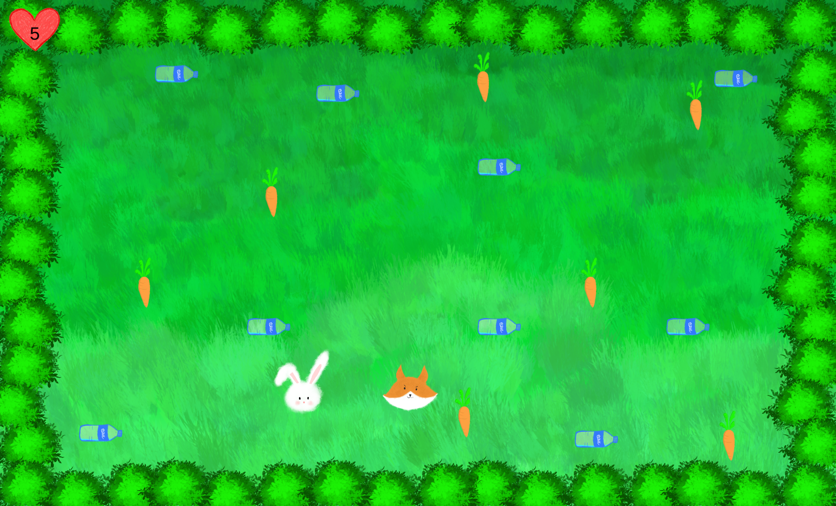 screenshot of a top view game with a rabbit and a fox